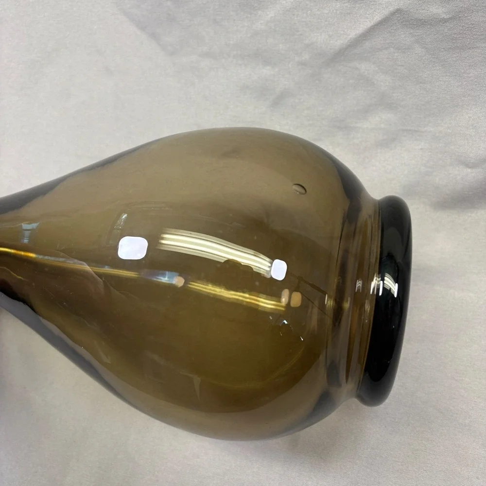Vintage MCM Smoky Brown Glass Decanter with Clear Flame Stopper Teardrop‎ Bottle